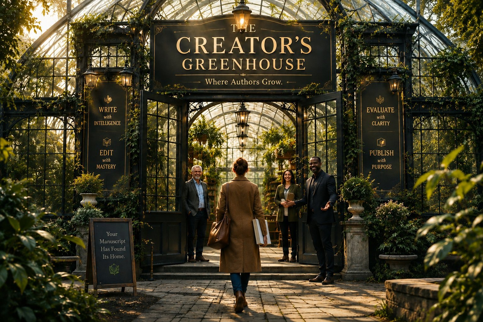 A writer with a manuscript under her arm walks toward the open doors of a glass greenhouse, where three people wait to welcome her. The sign above the doors reads: The Creator’s Greenhouse — Where Authors Grow. Banners beside the doors read: Write with Intelligence · Edit with Mastery · Evaluate with Clarity · Publish with Purpose. A chalkboard reads: Your Manuscript Has Found Its Home.