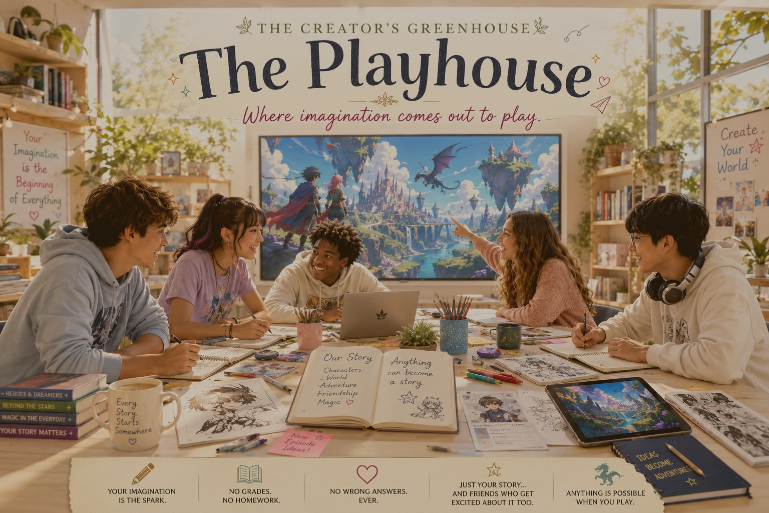 The Playhouse — young storytellers around a creative table, an anime world glowing on the screen behind them.