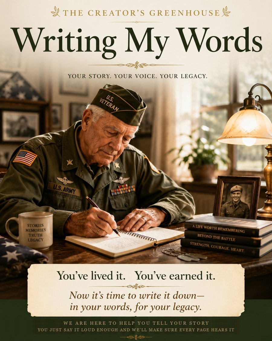 A veteran in uniform writing his story at his desk — a folded flag and a warm lamp beside him.