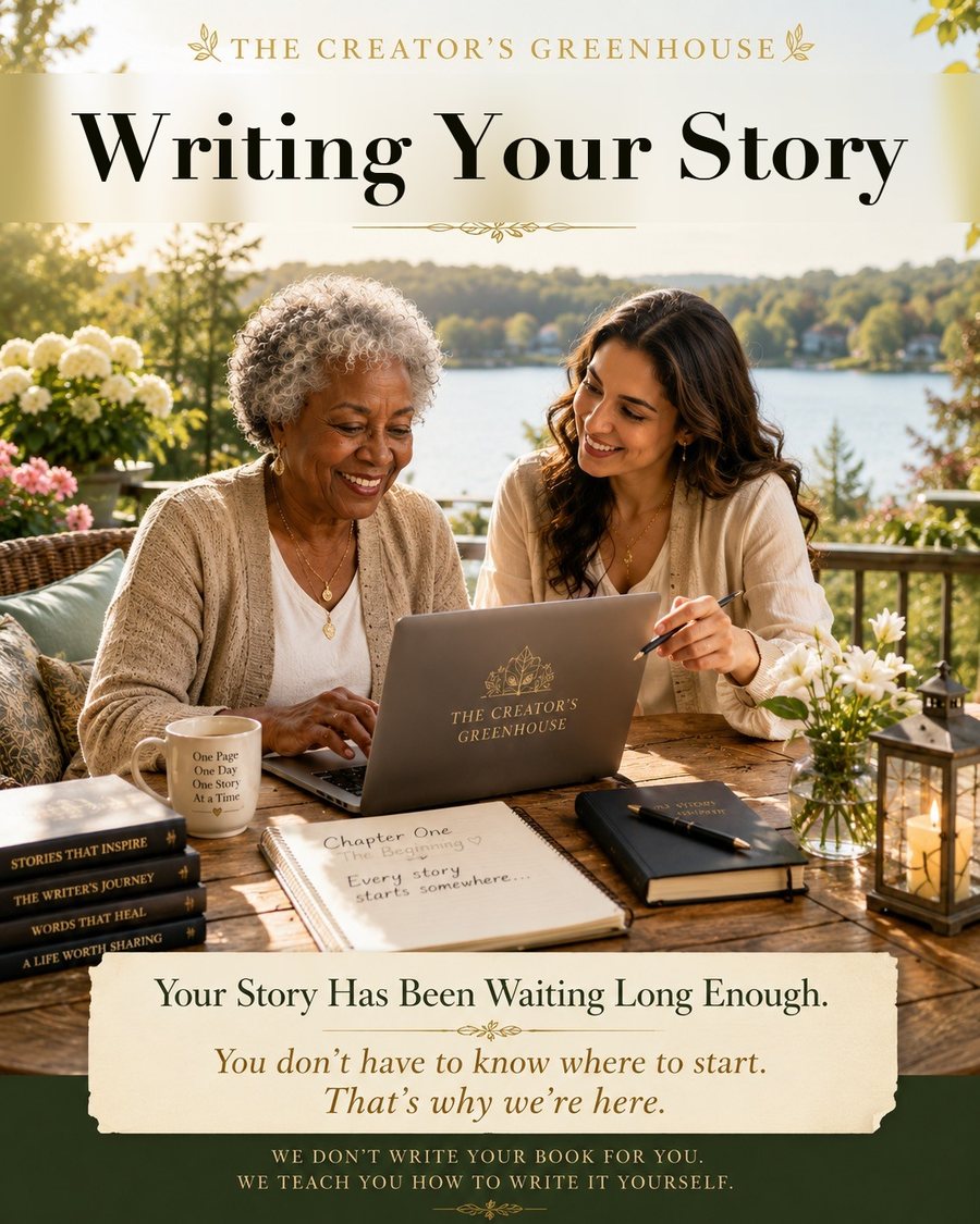 Two women writing together at a lakeside table — Writing Your Story.